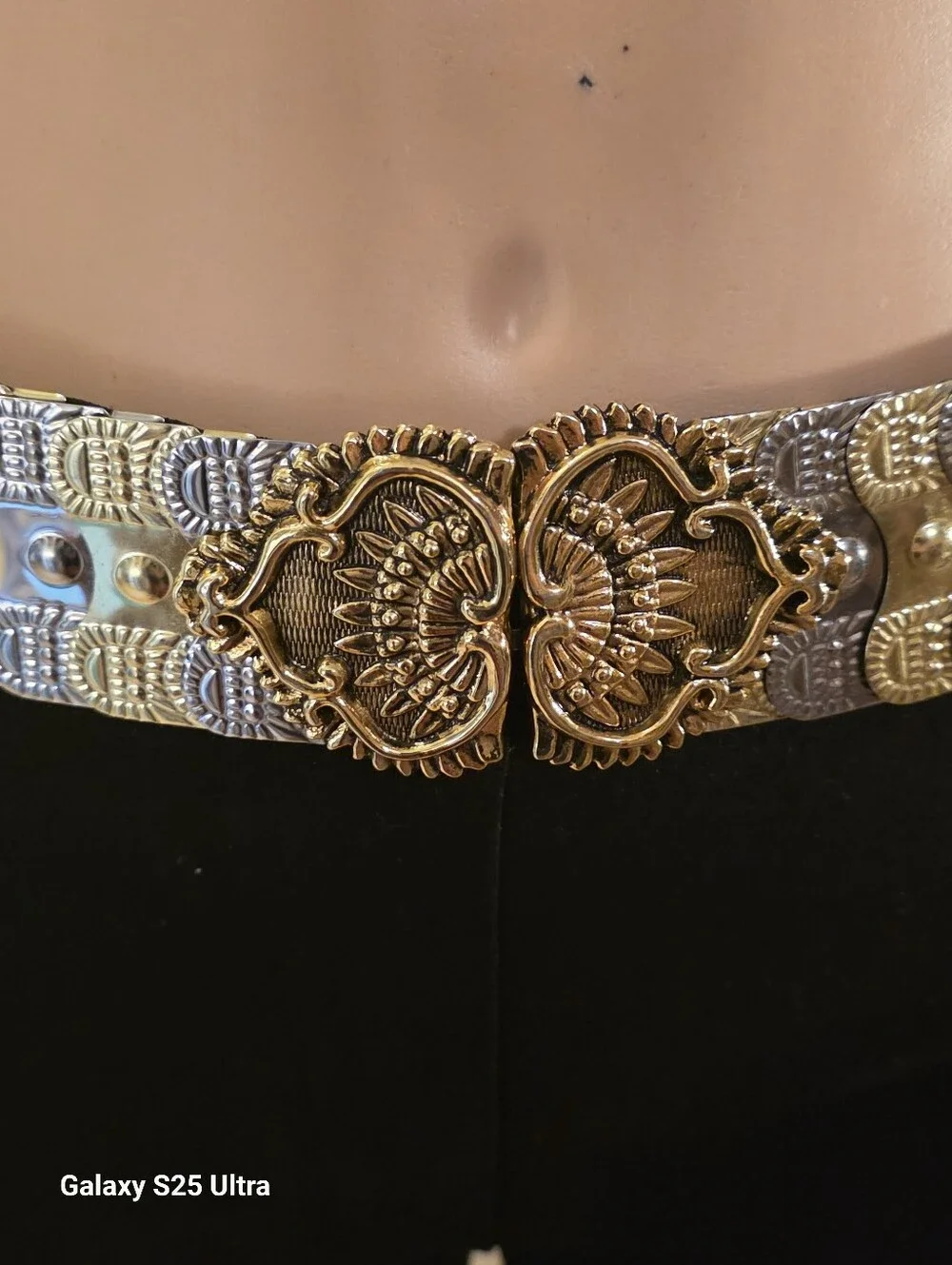 Vintage Ornate Mixed Metal Elastic Stretch Belt - Gold & Silver Filigree